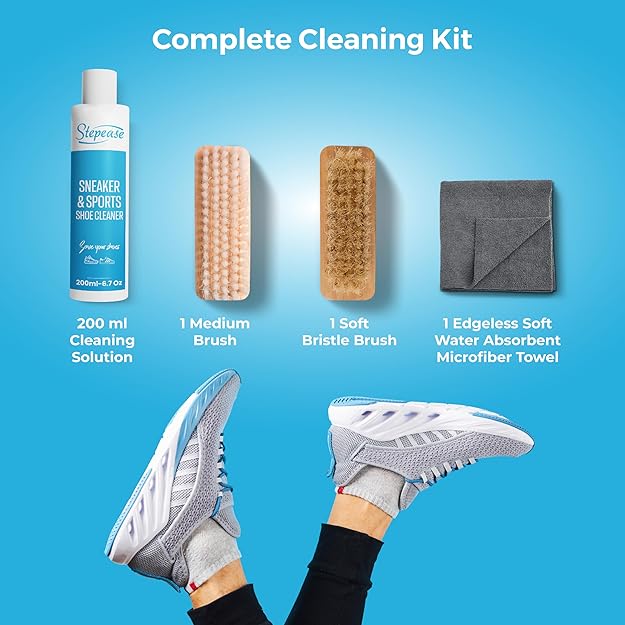 Stepease Shoe Cleaning Kit with 200ml Shoe Cleaner Bottle, 2 Brushes (1 Soft and 1 Medium Bristle) & 1 Microfiber Cloth - Suitable for Sneaker, Canvas, Knit, Trainers, Multi-Material & Sports Shoes