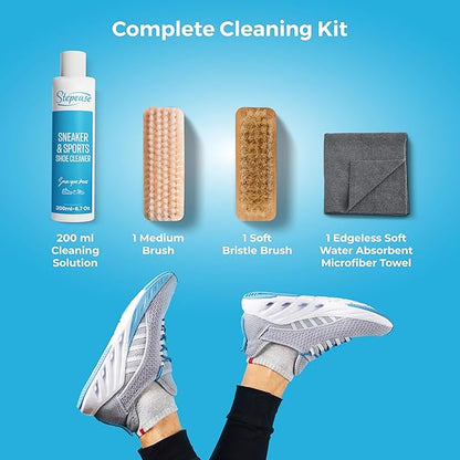 Stepease Shoe Cleaning Kit with 200ml Shoe Cleaner Bottle, 2 Brushes (1 Soft and 1 Medium Bristle) & 1 Microfiber Cloth - Suitable for Sneaker, Canvas, Knit, Trainers, Multi-Material & Sports Shoes