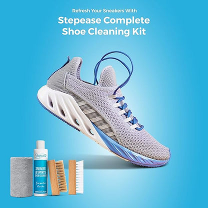 Stepease Shoe Cleaning Kit with 200ml Shoe Cleaner Bottle, 2 Brushes (1 Soft and 1 Medium Bristle) & 1 Microfiber Cloth - Suitable for Sneaker, Canvas, Knit, Trainers, Multi-Material & Sports Shoes