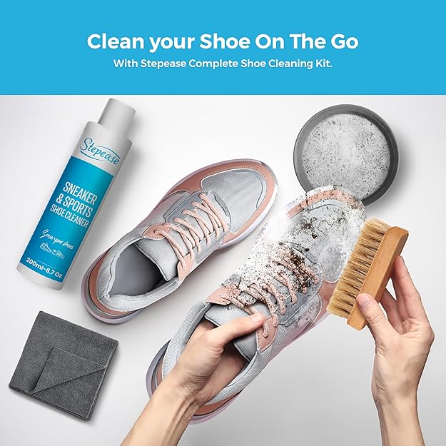 STEPEASE Shoe Cleaning Kit with 100ml Shoe Cleaner Bottle,1 Soft Brush & 1 Microfiber Cloth - Suitable for Sneaker, Canvas, Knit, Trainers, Multi-Material & Sports Shoes - Travel-Friendly Cleaning Kit